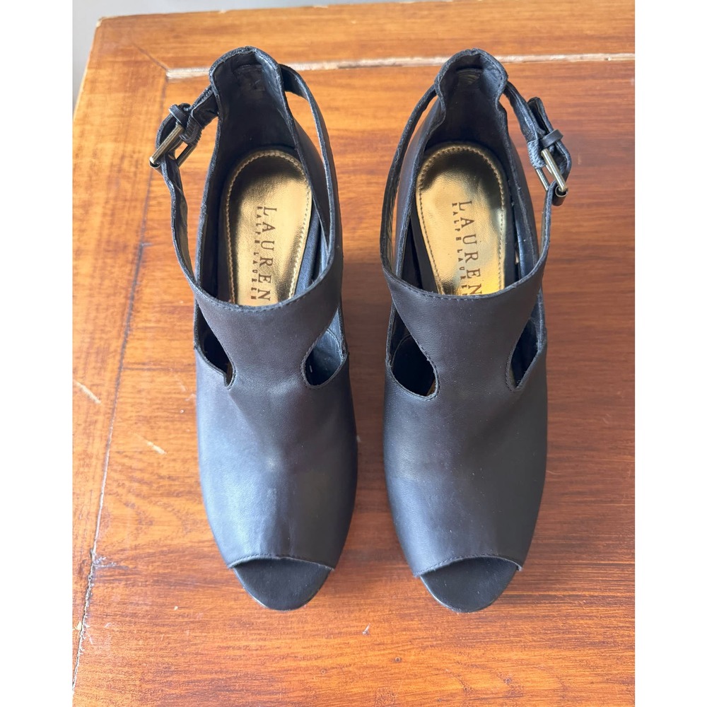 AUTHENTIC LAUREN by Ralph Lauren Black Open Toe Wedge Hannie 6.5